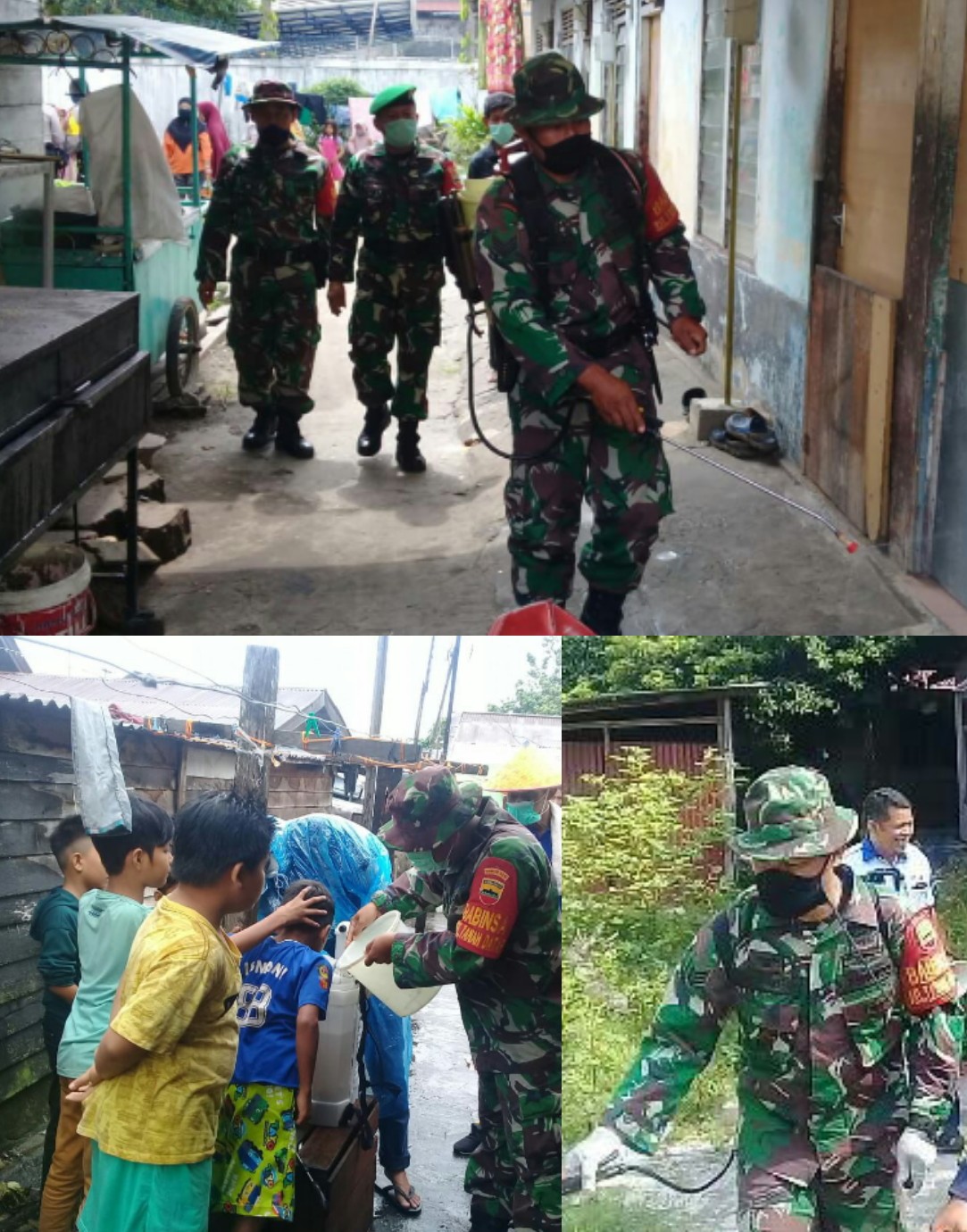 Cegah Covid-19, Babinsa Koramil 02 Kota Kodim 0301 Pekanbaru Semprotkan Cairan Disinfektan di Jalan Cikditiro 