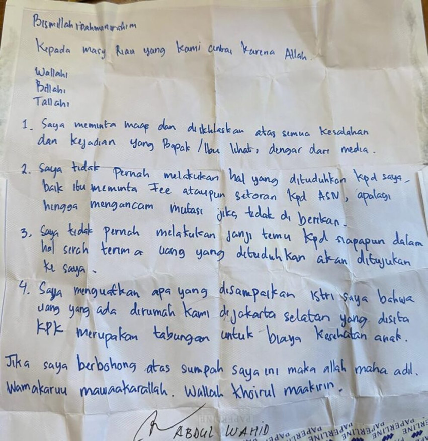 Beredar Sumpah Tertulis Abdul Wahid di Medsos: Wallahi, Saya Tidak Melakukan seperti yang Dituduhkan