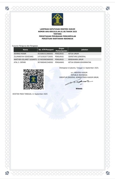 PWI Resmi Kembali Terdaftar di Kemenkum, Akses AHU Sangat Cepat dan Mudah