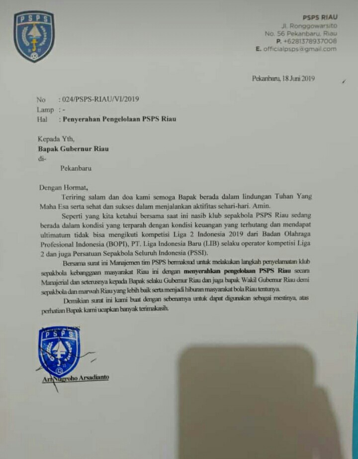 Manajemen PSPS Serahkan Pengelolaan ke Gubernur Riau, Ini Suratnya