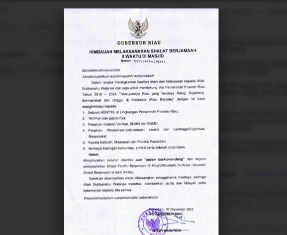 Keluarkan Surat Imbauan, Plt Gubri Ajak Salat Berjamaah 5 Waktu di Masjid
