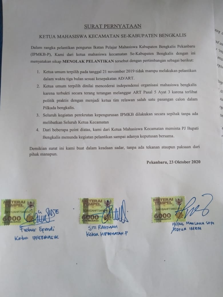 Ketua Kecamatan Tolak Pelantikan IPMKB-Pekanbaru