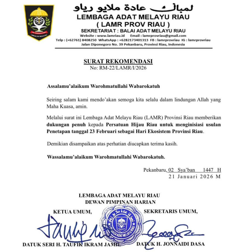 LAMR Resmi Terbitkan Surat Dukungan Penetapan 23 Februari sebagai Hari Ekosistem Riau