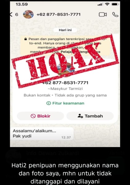 Waspada! Akun Whatsapp Asisten I Setdako Pekanbaru Diretas, Jangan Terima Pesan Mencurigakan