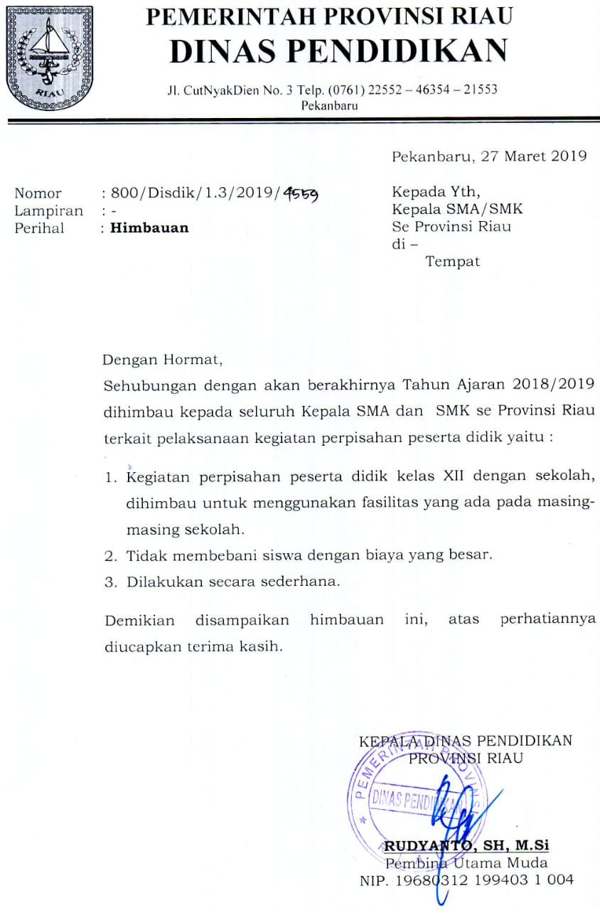 Pemprov Riau Terbitkan Surat Edaran, Sekolah Tidak Dibenarkan Mengadakan Acara Perpisahan di Hotel