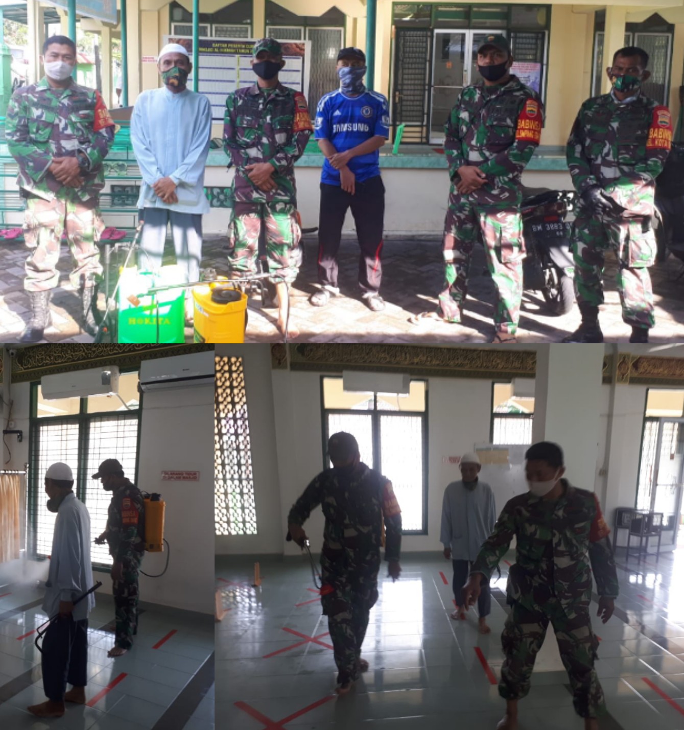 Babinsa Kelurahan Simpang Empat Kembali Semprotkan Cairan Disinfektan di Masjid Al Hikmah