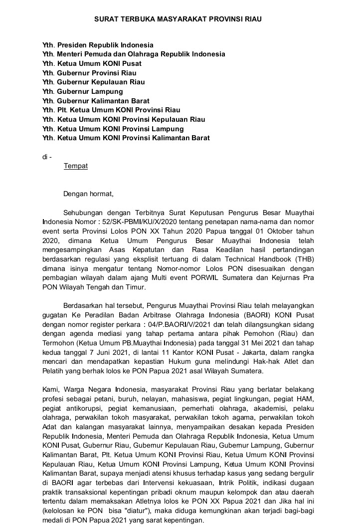 Surat Terbuka Masyarakat Riau Sikapi Kisruh Atlet Lolos PON XX di Papua dan Keberpihakan PB Muathay