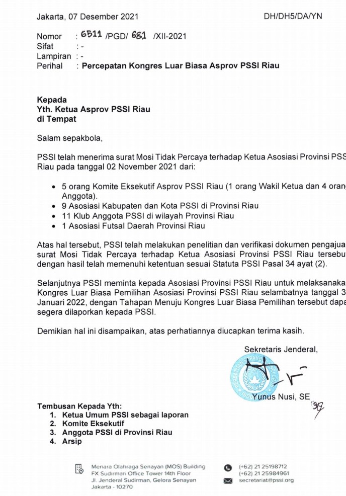 Surat Mosi tak Percaya Dijawab, PSSI Setujui KLB Asprov PSSI Riau