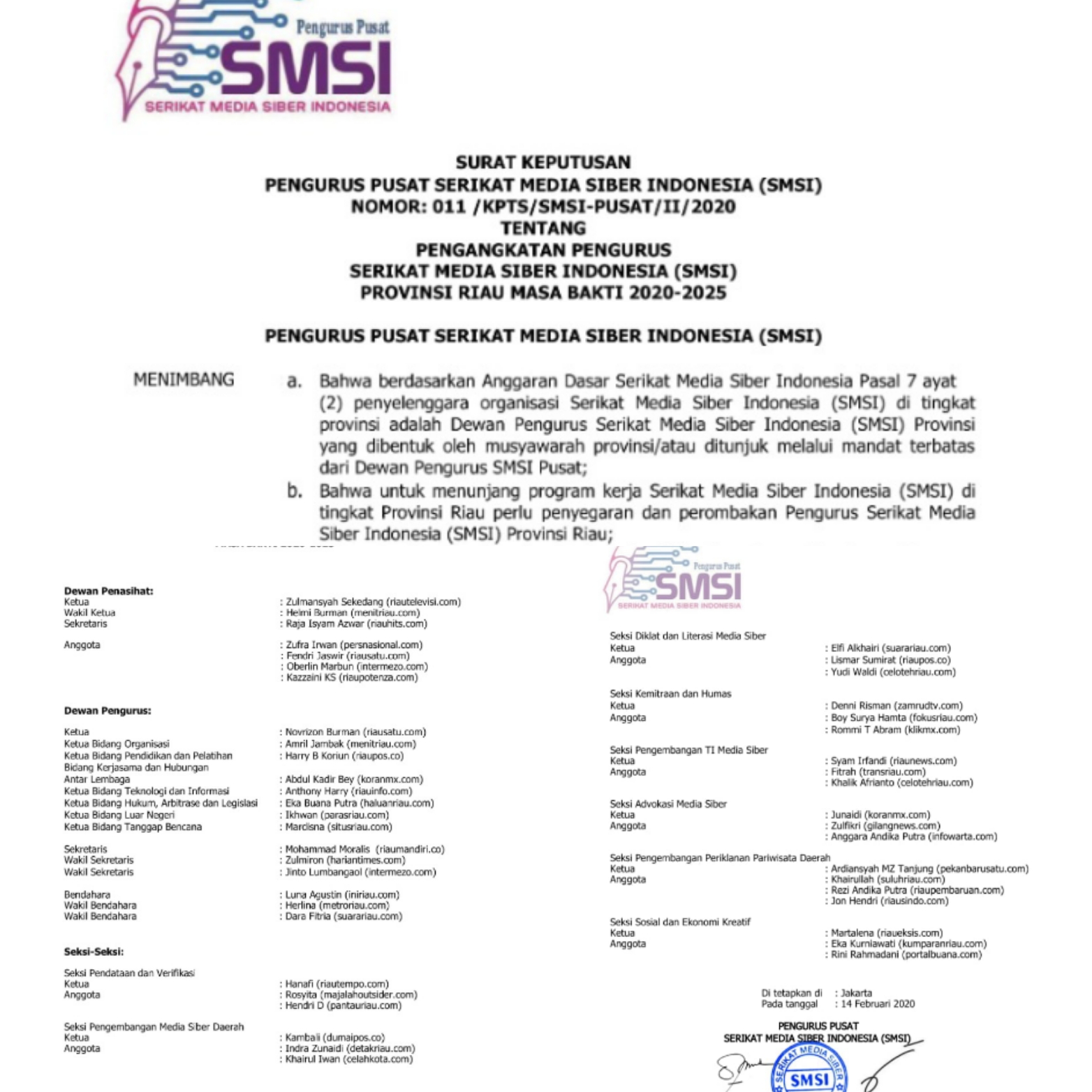 Kepengurusan SMSI Riau Periode 2020-2025 Resmi Terbentuk